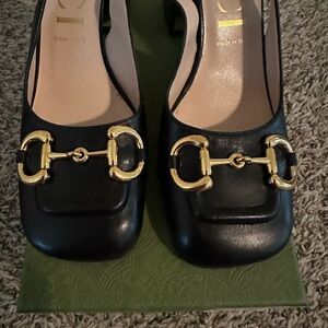Gucci Black Leather Square-Toe Pumps with Gold Horsebit Accent